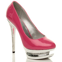 Front right side view of Fuchsia Pink Patent High Heel Sparkly Diamante Platform Court Shoes