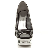 Front view of Black Satin High Heel Diamante Platform Peep Toe Court Shoes