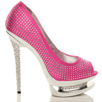 Right side view of Fuchsia Pink Satin High Heel Diamante Platform Peep Toe Court Shoes