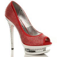 Front right side view of Red Satin High Heel Diamante Platform Peep Toe Court Shoes