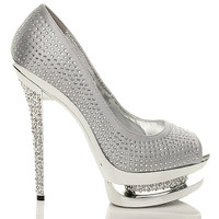 Right side view of Silver Satin High Heel Diamante Platform Peep Toe Court Shoes