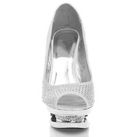 Front view of White Satin High Heel Diamante Platform Peep Toe Court Shoes