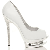Right side view of White Patent High Heel Diamante Platform Peep Toe Court Shoes