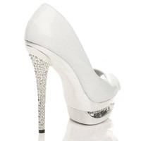 Back right side view of White Patent High Heel Diamante Platform Peep Toe Court Shoes