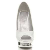 Front view of White Patent High Heel Diamante Platform Peep Toe Court Shoes