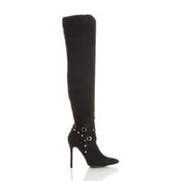 Right side view of Black Suede High Heel Studded Stirrup Over The Knee Pointed Boots