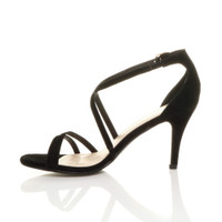 Left side view of Black Suede Mid Heel Strappy Crossover Sandals