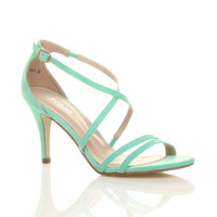 Front right side view of Mint Suede Mid Heel Strappy Crossover Sandals