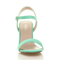 Front view of Mint Suede High Heel Strappy Buckle Sandals