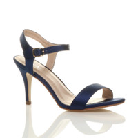 Front right side view of Navy Satin High Heel Strappy Buckle Sandals