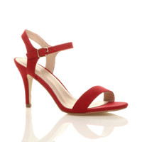 Front right side view of Red Suede High Heel Strappy Buckle Sandals