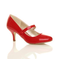 Front right side view of Red Patent Mid Heel Mary Jane Court Shoes