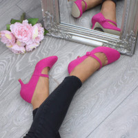 Model wearing Fuchsia Pink Suede Mid Heel Mary Jane Court Shoes