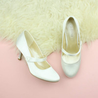 Ivory Satin Mid Heel Mary Jane Court Shoes