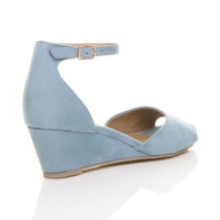 Back right side view of Pale Blue Suede Low Mid Wedge Heel Ankle Strap Sandals