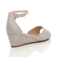 Back right side view of Grey Suede Low Mid Wedge Heel Ankle Strap Sandals