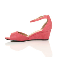 Left side view of Coral Suede Low Mid Wedge Heel Ankle Strap Sandals