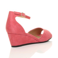 Back right side view of Coral Suede Low Mid Wedge Heel Ankle Strap Sandals