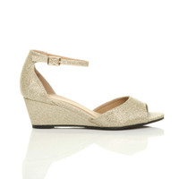 Right side view of Gold Glitter Low Mid Wedge Heel Ankle Strap Sandals