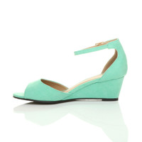 Left side view of Mint Suede Low Mid Wedge Heel Ankle Strap Sandals