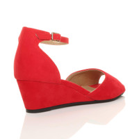Back right side view of Red Suede Low Mid Wedge Heel Ankle Strap Sandals