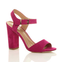 Front right side view of Fuchsia Pink Suede High Block Heel Sandals