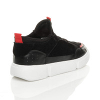 Back right side view of Black PU Lace Up Low Top Retro Contrast Trainers Sneakers