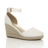 Front right side view of White PU Mid Wedge Heel Buckle Ankle Strap Espadrille Sandals