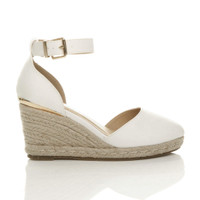 Right side view of White PU Mid Wedge Heel Buckle Ankle Strap Espadrille Sandals