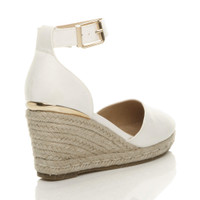 Back right side view of White PU Mid Wedge Heel Buckle Ankle Strap Espadrille Sandals