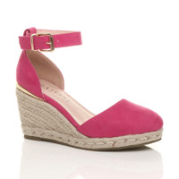 Front right side view of Fuchsia Suede Mid Wedge Heel Buckle Ankle Strap Espadrille Sandals