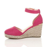 Left side view of Fuchsia Suede Mid Wedge Heel Buckle Ankle Strap Espadrille Sandals