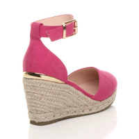 Back right side view of Fuchsia Suede Mid Wedge Heel Buckle Ankle Strap Espadrille Sandals