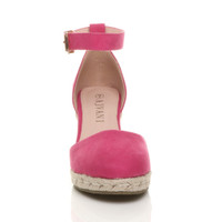 Front view of Fuchsia Suede Mid Wedge Heel Buckle Ankle Strap Espadrille Sandals