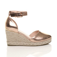 Right side view of Rose Gold PU Mid Wedge Heel Buckle Ankle Strap Espadrille Sandals