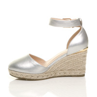Left side view of Silver PU Mid Wedge Heel Buckle Ankle Strap Espadrille Sandals