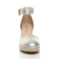 Front view of Silver PU Mid Wedge Heel Buckle Ankle Strap Espadrille Sandals