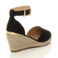 Back right side view of Black Suede Mid Wedge Heel Buckle Ankle Strap Espadrille Sandals