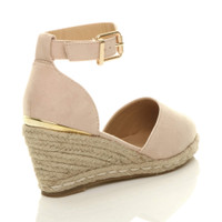 Back right side view of Nude Suede Mid Wedge Heel Buckle Ankle Strap Espadrille Sandals
