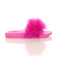 Right side view of Fuchsia Pink Flat Feather Fluffy Flip Flops Sliders Sandals