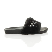 Right side view of Black Fur Flat Faux Fur Fluffy Sandals Sliders Flip Flops
