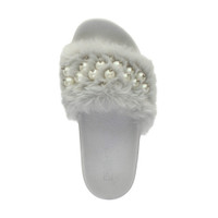 Top view of Grey Fur Flat Faux Fur Fluffy Sandals Sliders Flip Flops