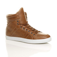 Front right side view of Light Tan PU Flat Lace Up Hi-Top Trainers Ankle Boots