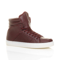 Front right side view of Burgundy PU Flat Lace Up Hi-Top Trainers Ankle Boots