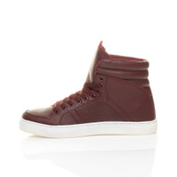 Left side view of Burgundy PU Flat Lace Up Hi-Top Trainers Ankle Boots