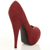 Back right side view of Burgundy Suede High Heel Platform Peep Toe Court Shoes