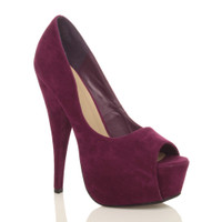 Front right side view of Purple Suede High Heel Platform Peep Toe Court Shoes