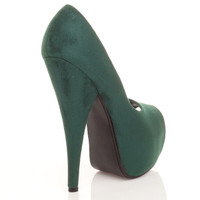 Back right side view of Teal Suede High Heel Platform Peep Toe Court Shoes