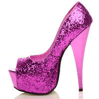 Left side view of Fuchsia Pink Glitter High Heel Platform Peep Toe Court Shoes