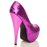 Back right side view of Fuchsia Pink Glitter High Heel Platform Peep Toe Court Shoes